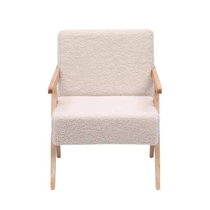 Fauteuil de salon en bois massif et bouclettes blanches