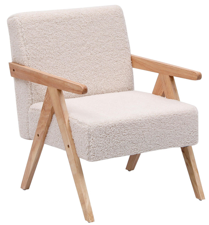 Fauteuil de salon en bois massif et bouclettes blanches