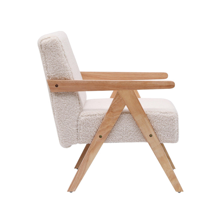 Fauteuil de salon en bois massif et bouclettes blanches