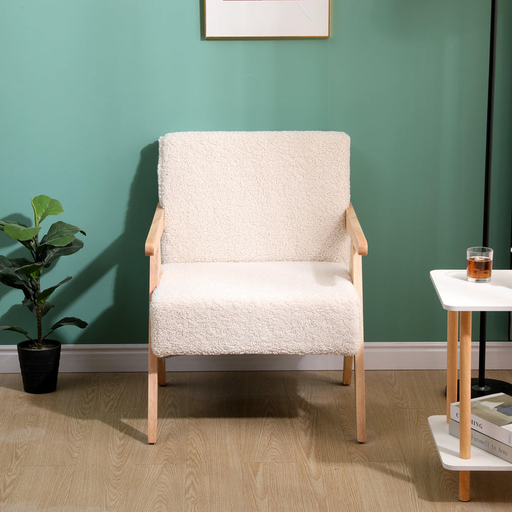 Fauteuil de salon en bois massif et bouclettes blanches