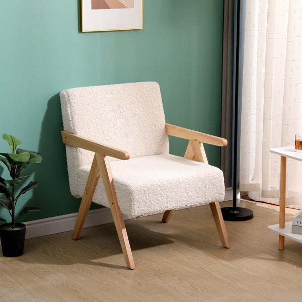 Fauteuil de salon en bois massif et bouclettes blanches