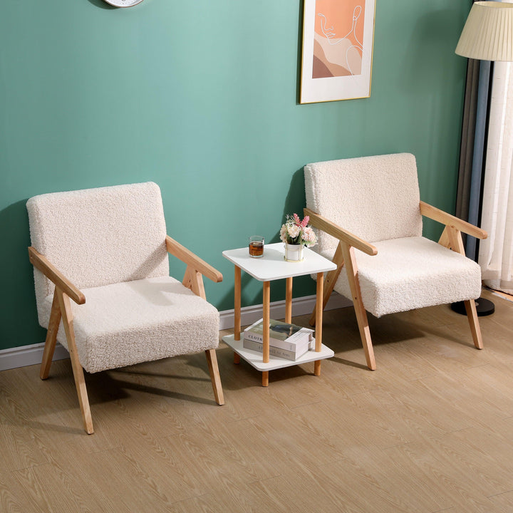 Fauteuil de salon en bois massif et bouclettes blanches