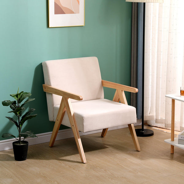 Fauteuil de salon en bois massif et velours beige