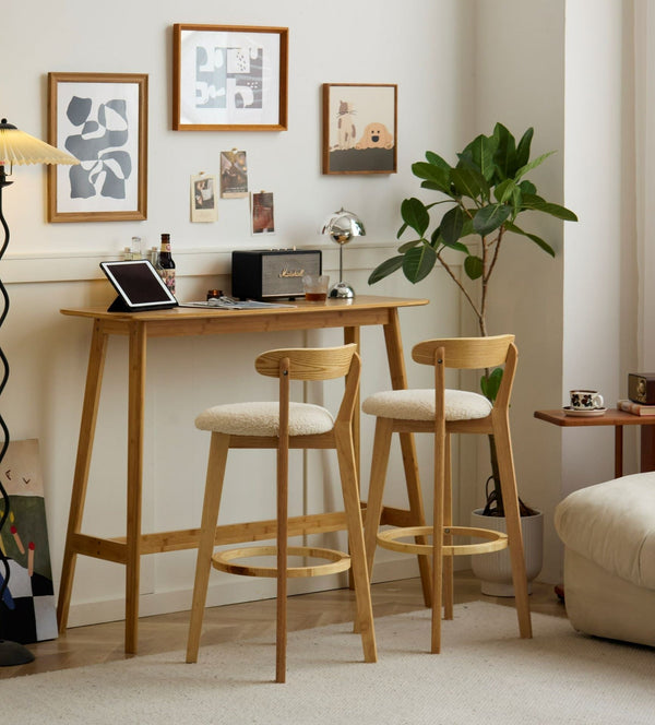 VITORIA Set of 2 Wood and White Bouclé Bar Stools