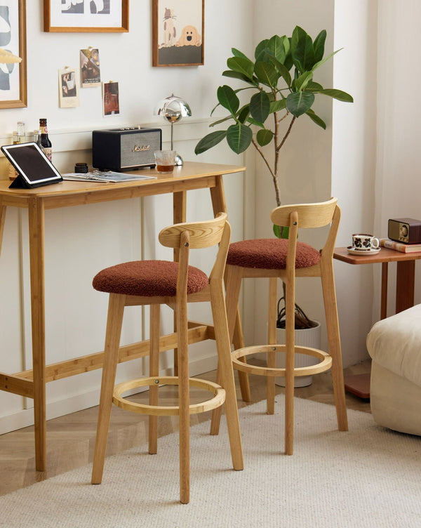 VITORIA Set of 2 Wood and Terracotta Bouclé Bar Stools