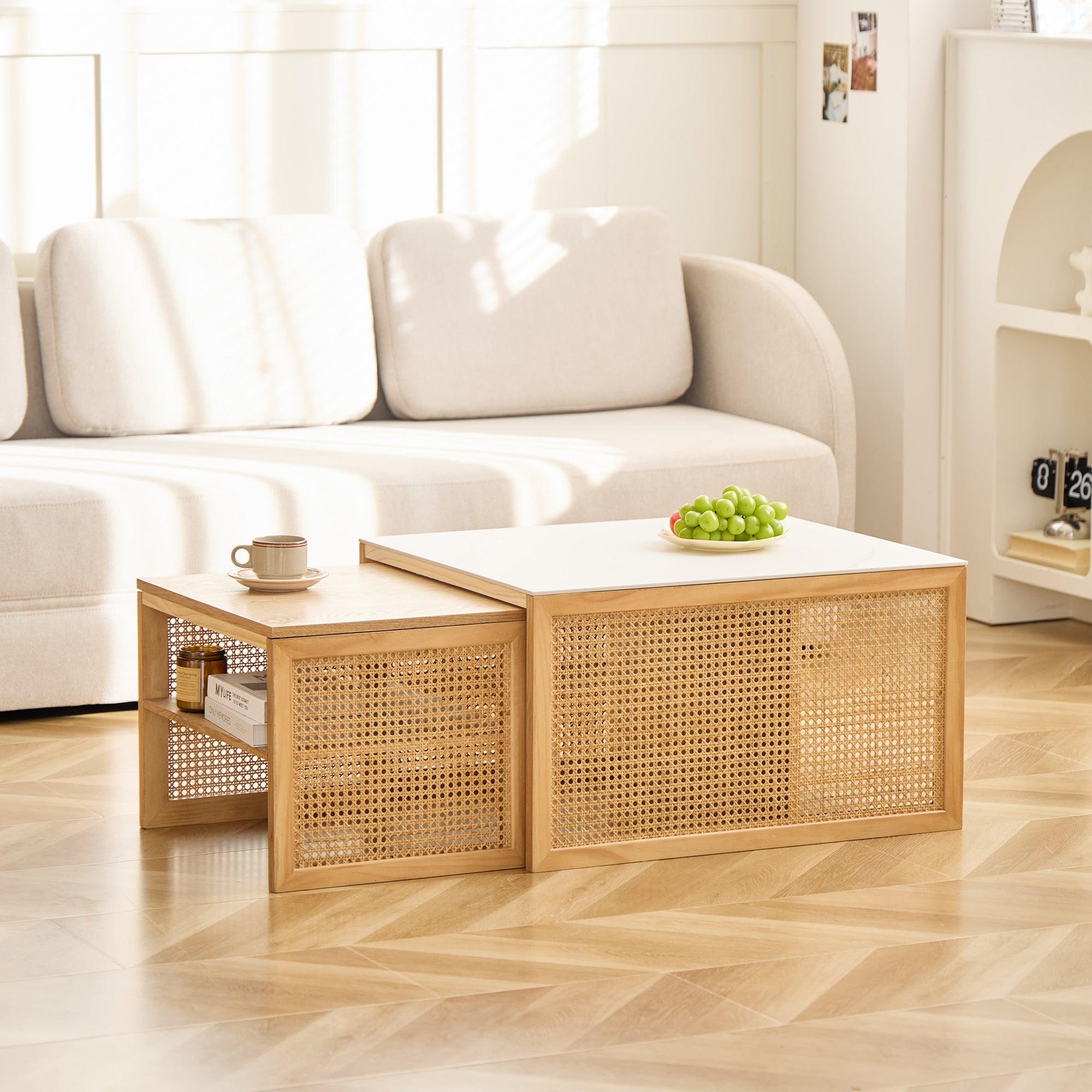 TROMSO Set of 2 Solid Wood and Rattan Coffee Tables – Nordlys USA