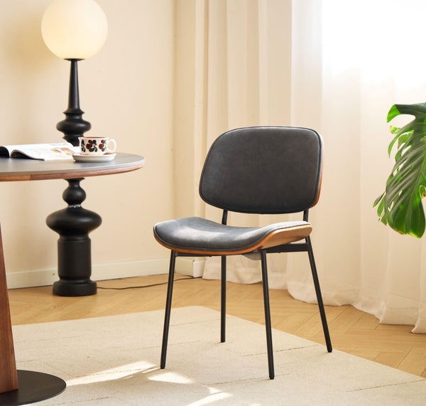 ODENSE Set of 2 Metal Chairs In Wood and Black Faux Leather Seats