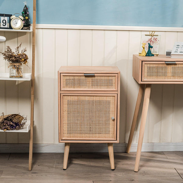 NARA 1-Door and 1-Drawer Natural Rattan Nightstand