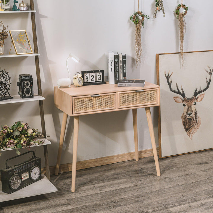 Console 2 tiroirs en bois et rotin naturel