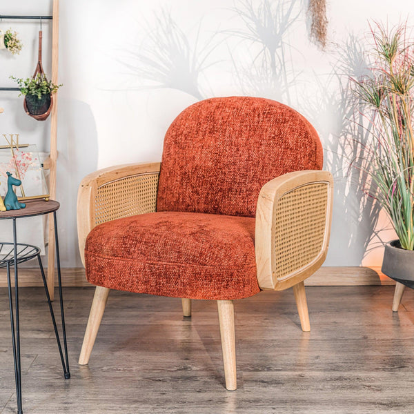 Fauteuil de salon en bois massif et cannage terracotta