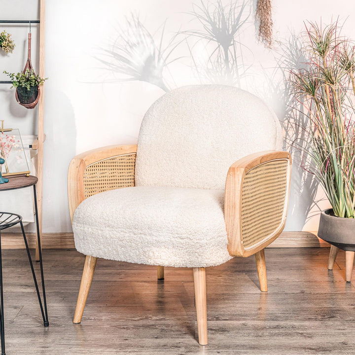 Fauteuil de salon en bois massif et cannage blanc