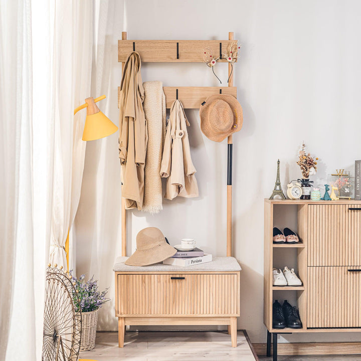 Vestiaire d'entrée en bois massif et tissu gris