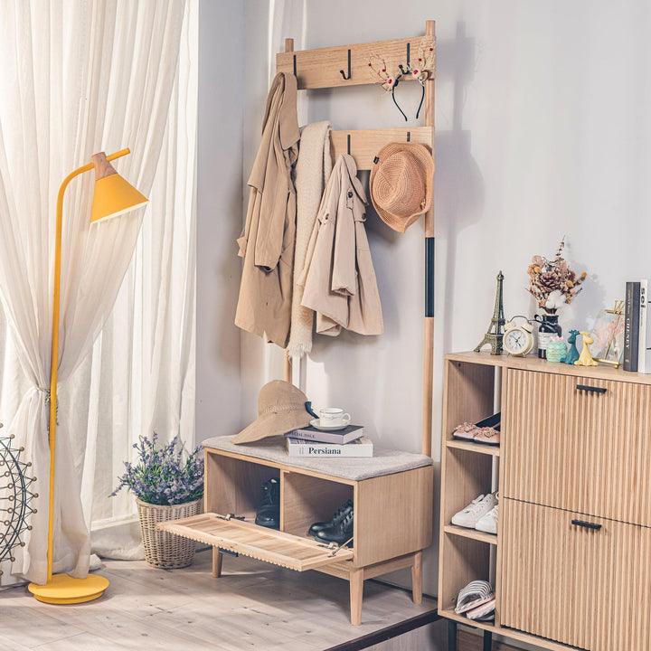 Vestiaire d'entrée en bois massif et tissu gris