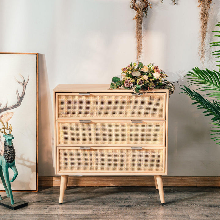 Commode 3 tiroirs en bois et rotin naturel