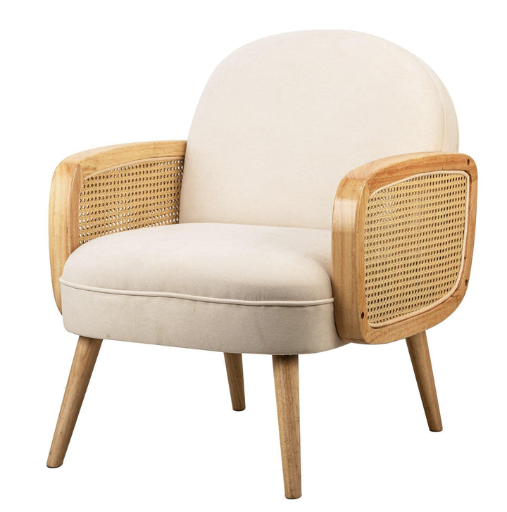 Fauteuil de salon en bois massif et cannage beige