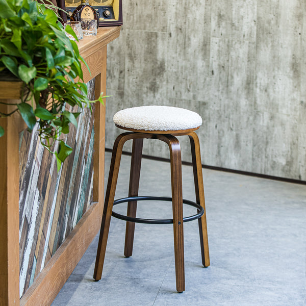 MORENO Set of 2 Wood and White Bouclé Bar Stools