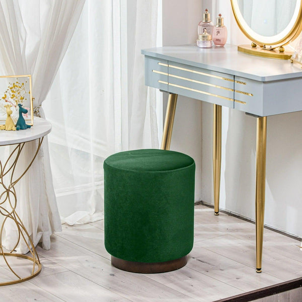 Pouf en velours vert et base en bois