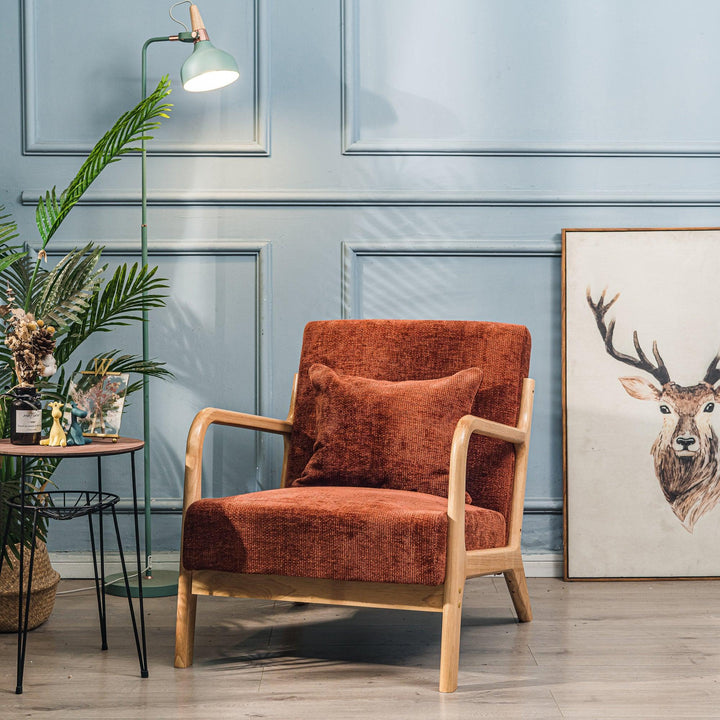 Fauteuil de salon en bois massif et tissu terracotta