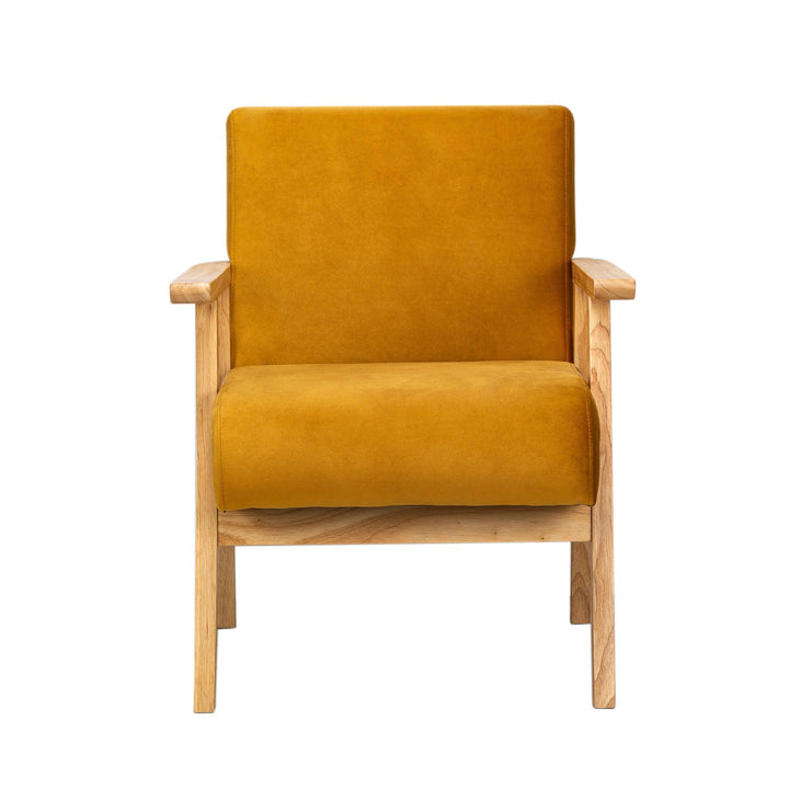 Fauteuil de salon en bois massif et velours jaune moutarde