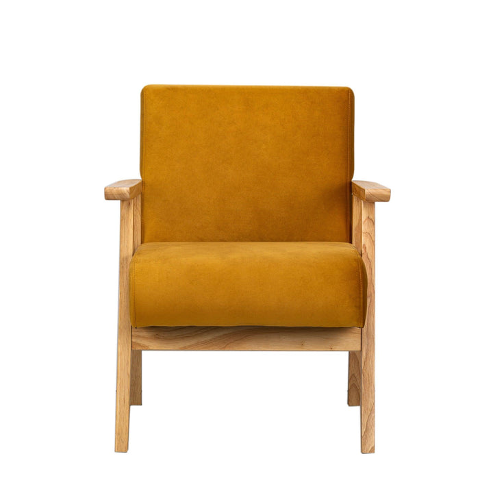 Fauteuil de salon en bois massif et velours jaune moutarde