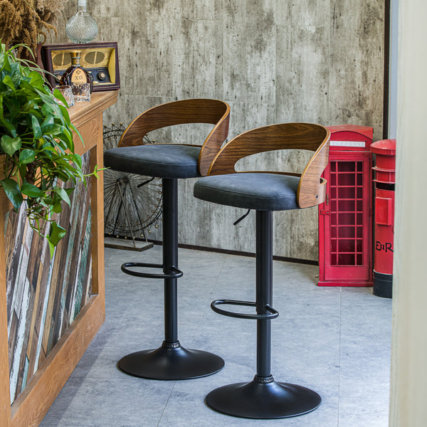 VICTORIA Set of 2 Wood and Black Faux Leather Bar Stools