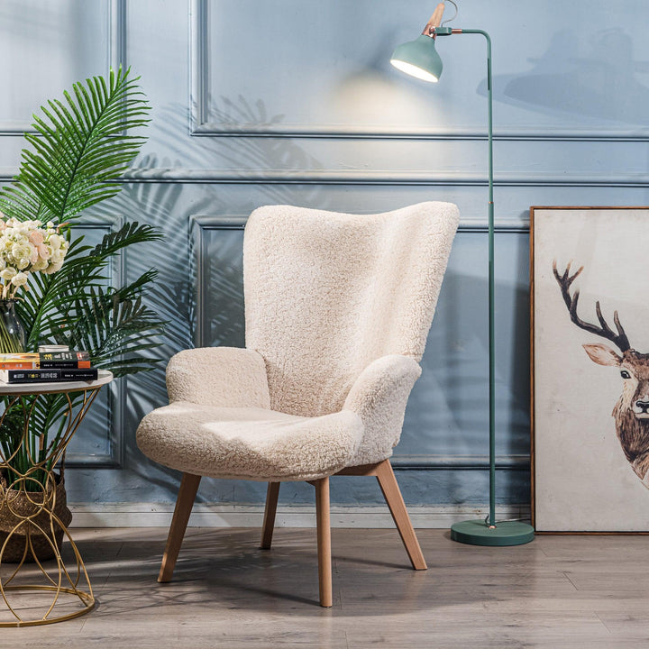 Fauteuil de salon en bois massif et bouclettes blanches