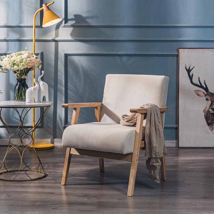 Fauteuil de salon en bois massif et tissu beige