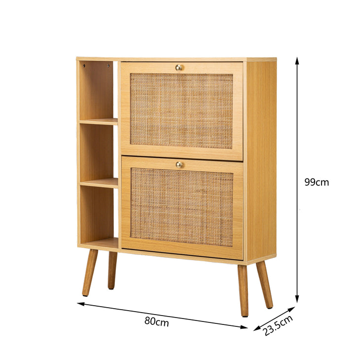 Meuble a chaussures 2 tiroirs en bois et rotin