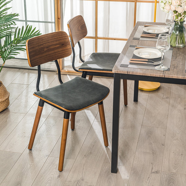 VICTORIA Set of 2 Wood and Black Faux Leather Chairs