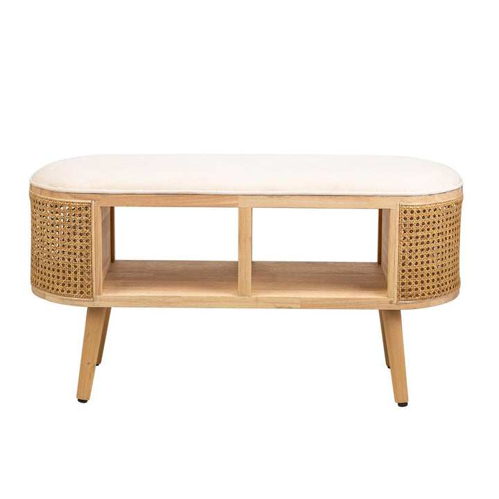 Banc avec rangement en rotin et velours beige