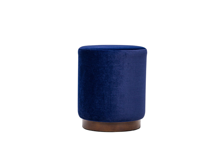 Pouf en velours bleu et base en bois